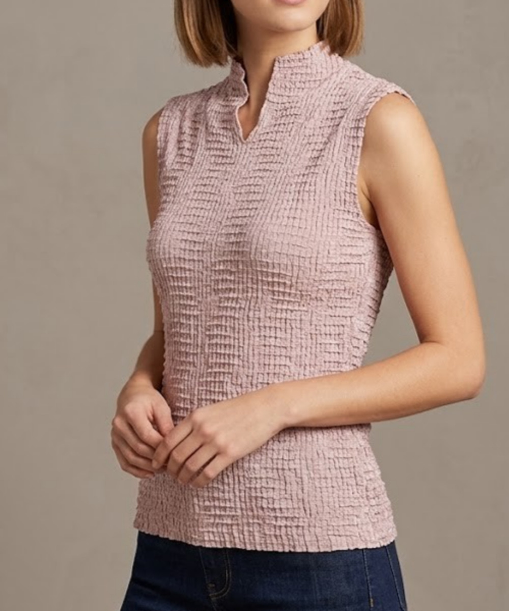 Vintage Plisse Popcorn Top Women Medium Pink Textured Crinkle Mock Neck Tank Y2K